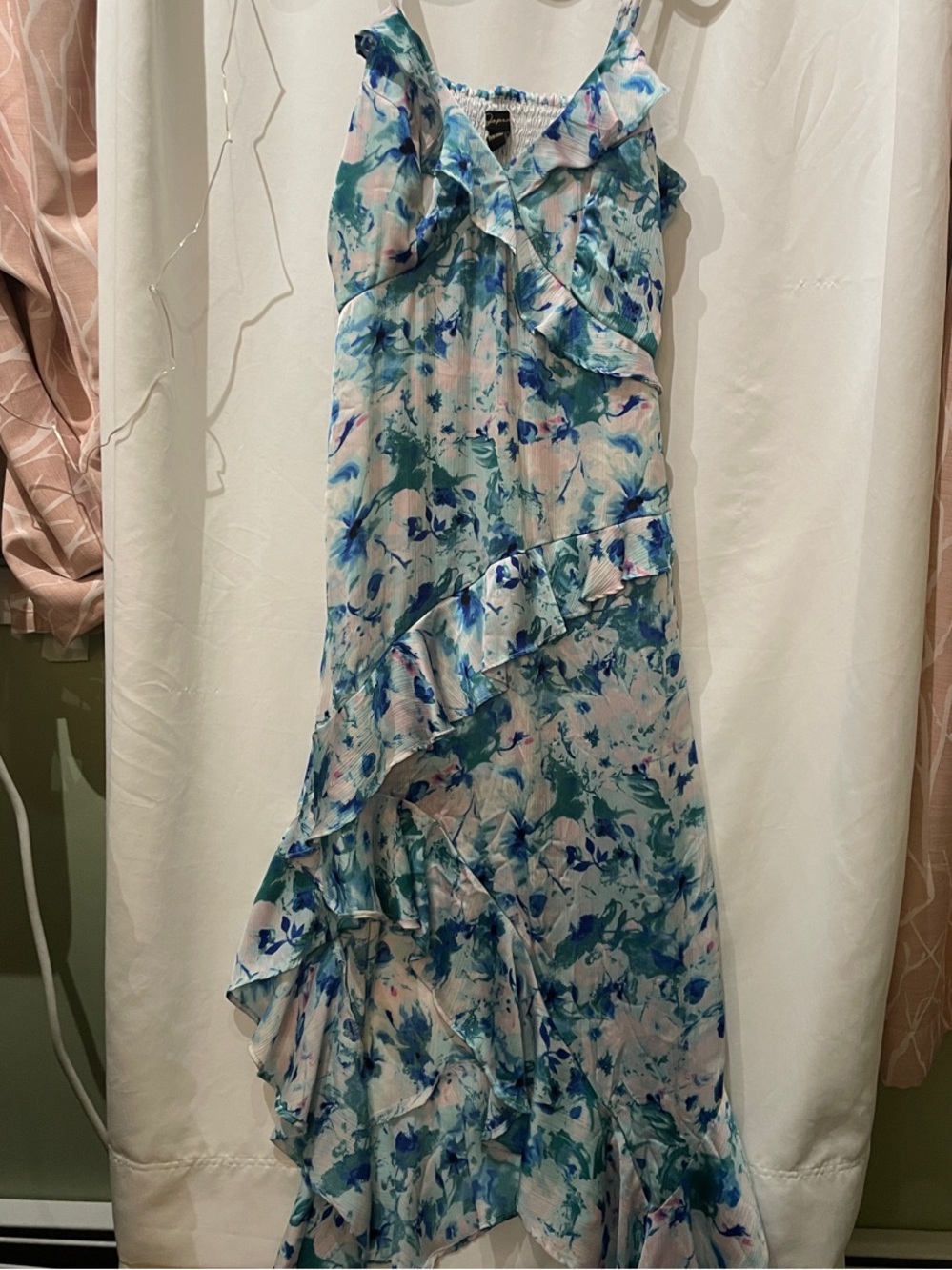 Japna Teal, Blue and Pink Floral Asymmetrical Ruffle Maxi Dress
